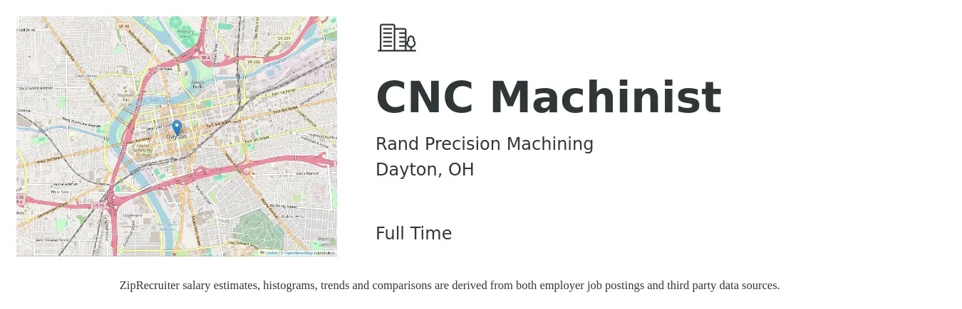 Rand Precision Machining job posting for a CNC Machinist in Dayton, OH with a salary of $20 Hourly with a map of Dayton location.