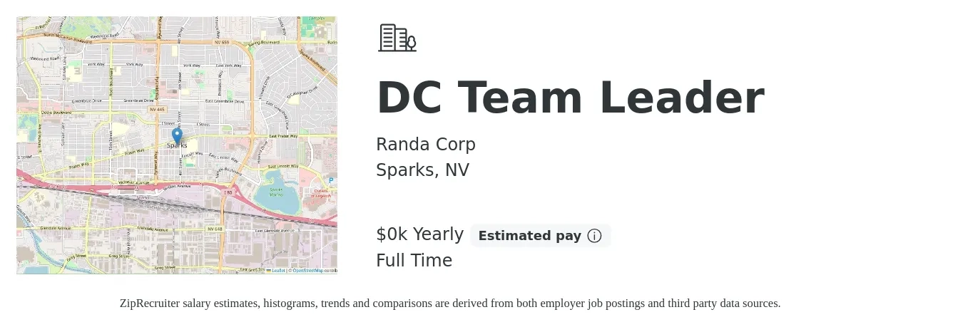 Randa Corp job posting for a DC Team Leader in Sparks, NV with a salary of $20 Yearly with a map of Sparks location.