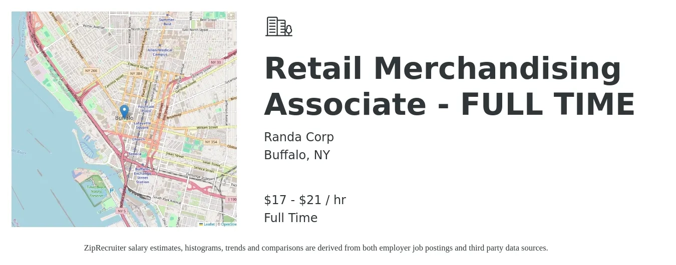 Randa Corp job posting for a Retail Merchandising Associate - FULL TIME in Buffalo, NY with a salary of $18 to $22 Hourly with a map of Buffalo location.
