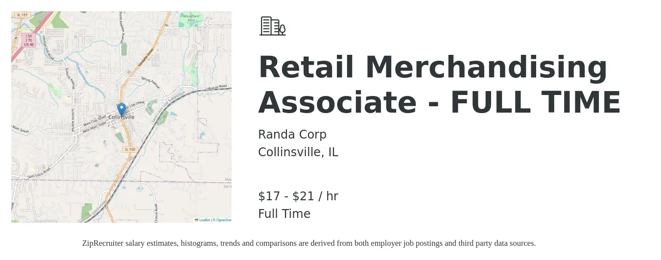Randa Corp job posting for a Retail Merchandising Associate - FULL TIME in Collinsville, IL with a salary of $18 to $22 Hourly with a map of Collinsville location.