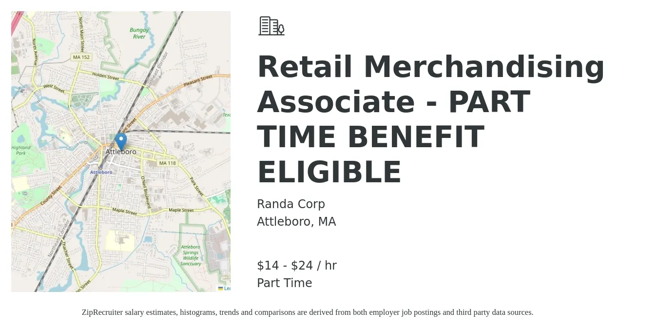 Randa Corp job posting for a Retail Merchandising Associate - PART TIME BENEFIT ELIGIBLE in Attleboro, MA with a salary of $15 to $25 Hourly with a map of Attleboro location.