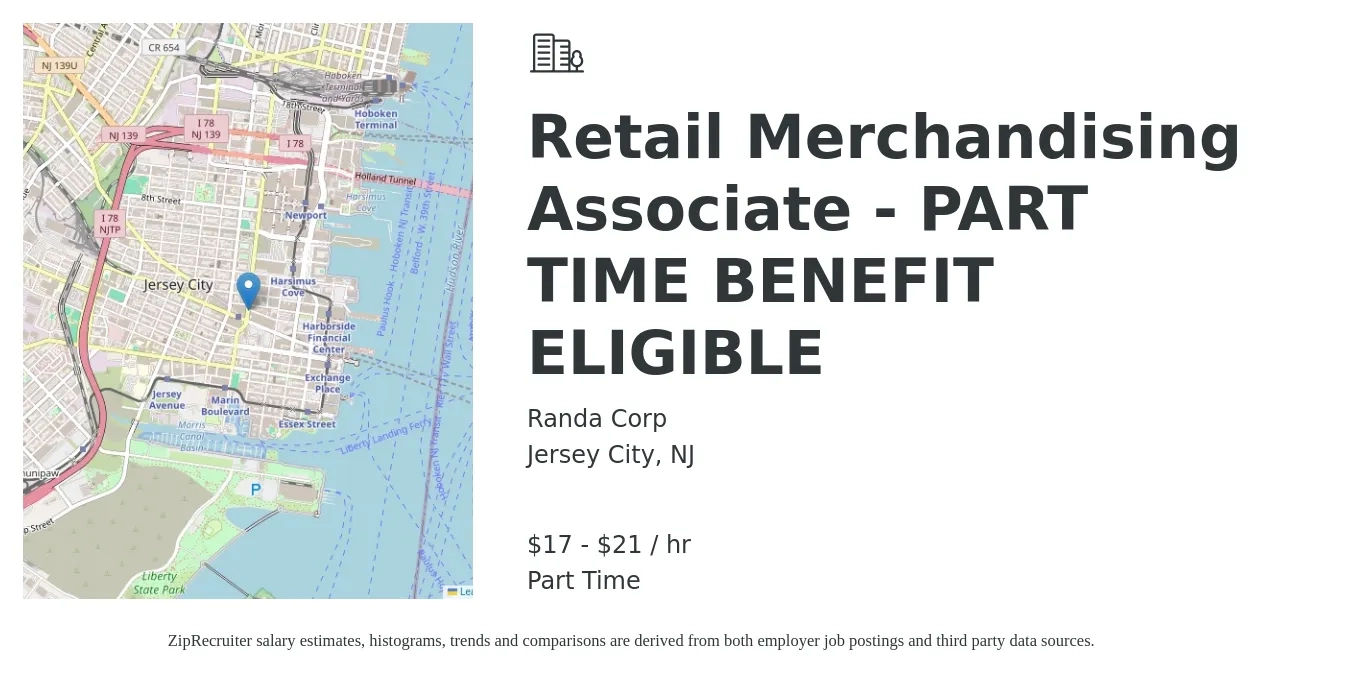 Randa Corp job posting for a Retail Merchandising Associate - PART TIME BENEFIT ELIGIBLE in Jersey City, NJ with a salary of $18 to $22 Hourly with a map of Jersey City location.
