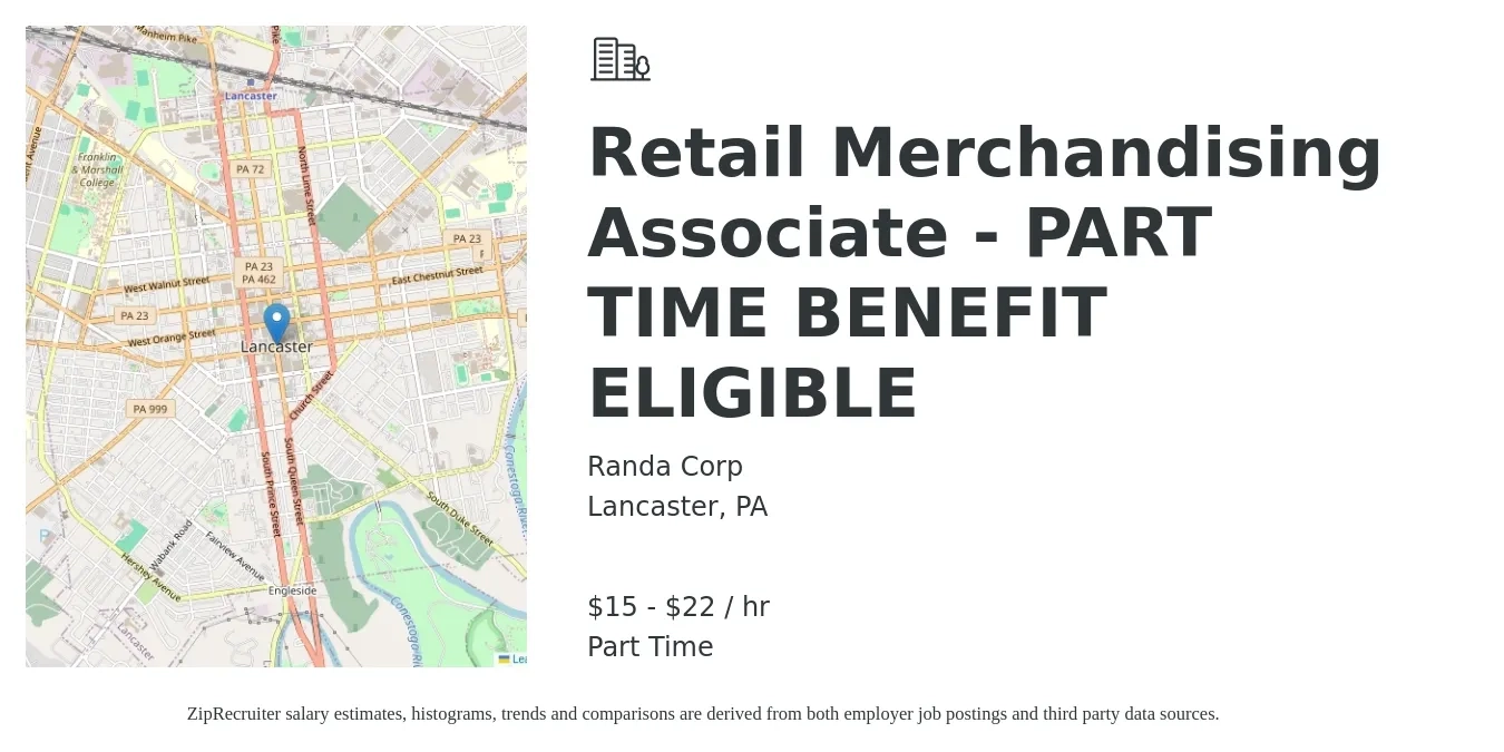 Randa Corp job posting for a Retail Merchandising Associate - PART TIME BENEFIT ELIGIBLE in Lancaster, PA with a salary of $16 to $23 Hourly with a map of Lancaster location.