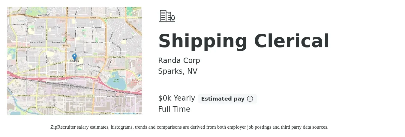Randa Corp job posting for a Shipping Clerical in Sparks, NV with a salary of $18 to $20 Yearly with a map of Sparks location.