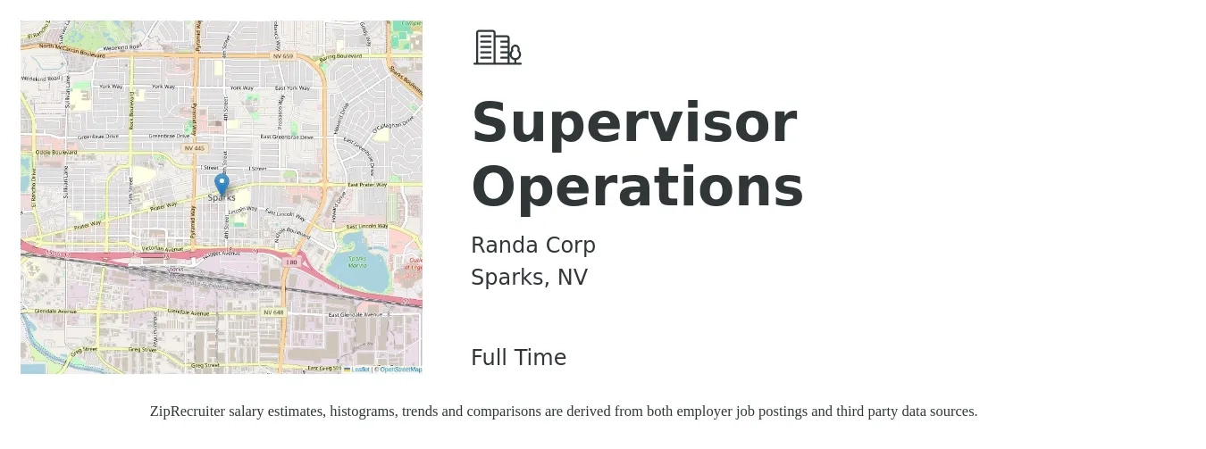 Randa Corp job posting for a Supervisor Operations in Sparks, NV with a salary of $41,200 to $77,800 Yearly with a map of Sparks location.
