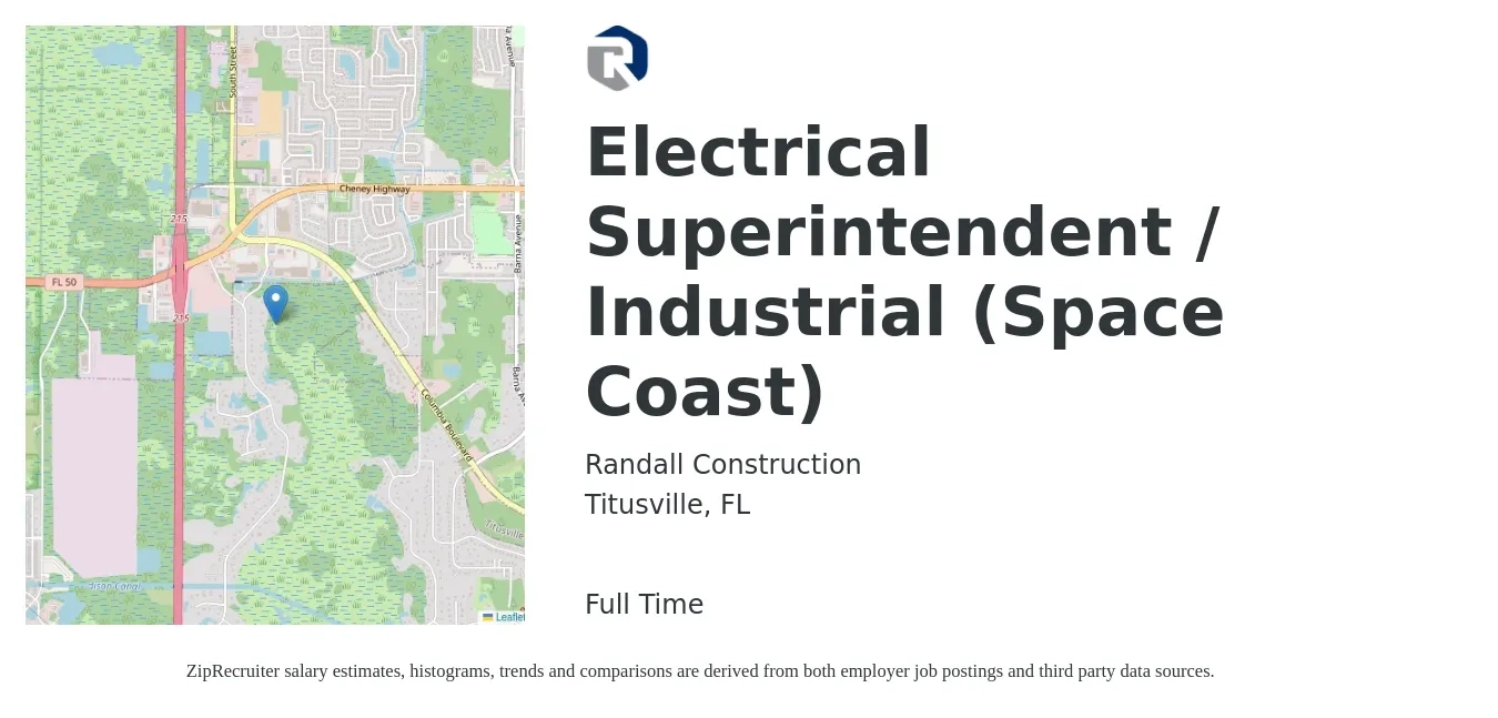 Randall Construction job posting for a Electrical Superintendent / Industrial - Space Coast in Titusville, FL with a salary of $27 to $41 Hourly with a map of Titusville location.