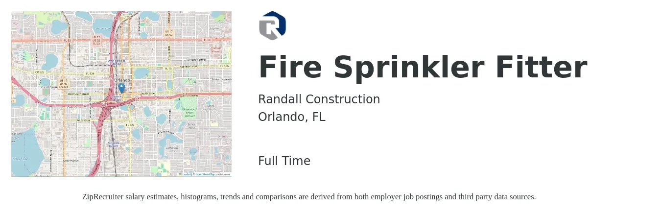 Randall Construction job posting for a Fire Sprinkler Fitter in Orlando, FL with a salary of $20 to $34 Hourly with a map of Orlando location.
