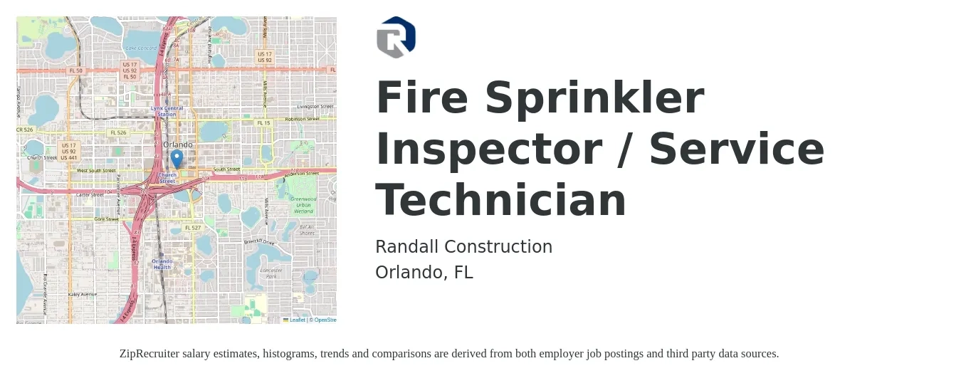 Randall Construction job posting for a Fire Sprinkler Inspector / Service Technician in Orlando, FL with a salary of $19 to $25 Hourly with a map of Orlando location.