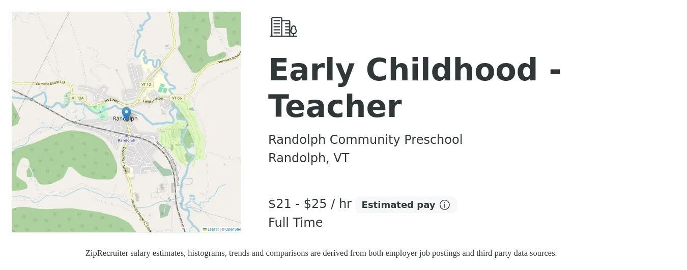 Randolph Community Preschool job posting for a Early Childhood - Teacher in Randolph, VT with a salary of $22 to $27 Hourly with a map of Randolph location.