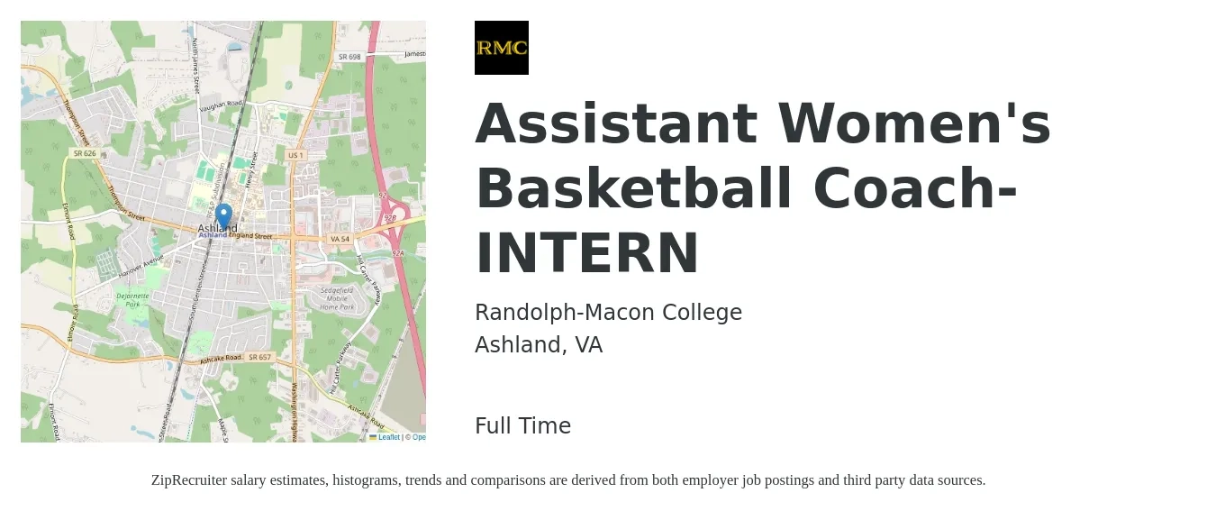 Randolph-Macon College job posting for a Assistant Women's Basketball Coach-INTERN in Ashland, VA with a salary of $26,300 to $49,200 Yearly with a map of Ashland location.