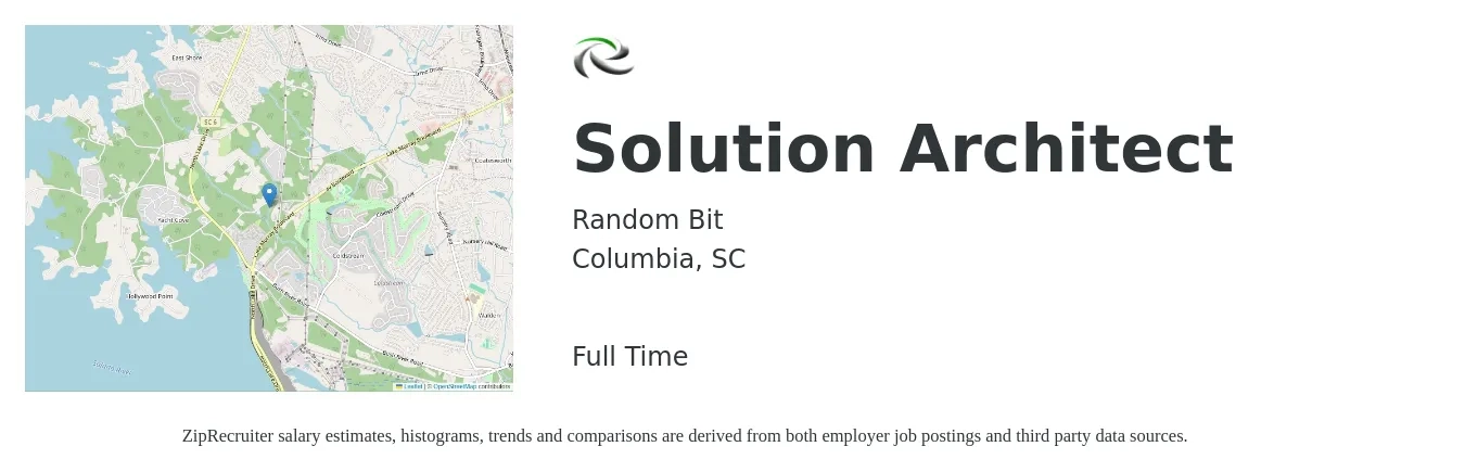 Random Bit job posting for a Solution Architect in Columbia, SC with a salary of $58 to $77 Hourly with a map of Columbia location.