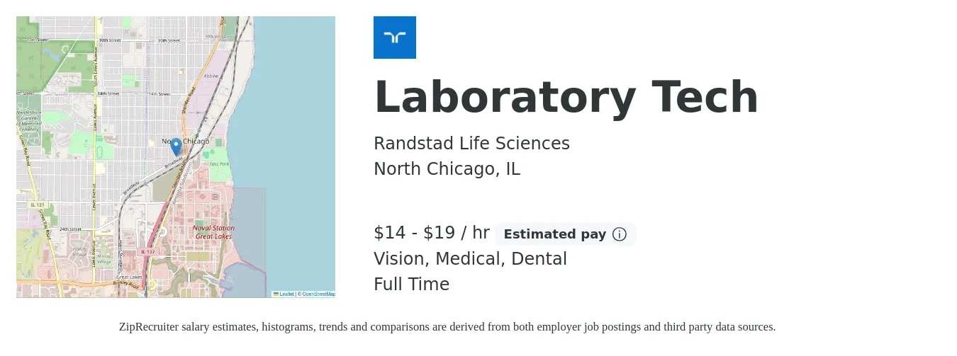 Randstad Life Sciences job posting for a Laboratory Tech in North Chicago, IL with a salary of $20 to $23 Hourly and benefits including dental, life_insurance, medical, pto, retirement, and vision with a map of North Chicago location.