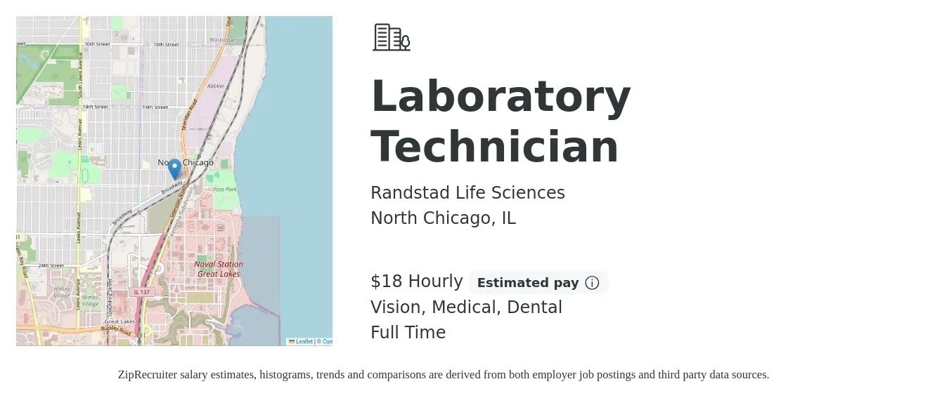 Randstad Life Sciences job posting for a Laboratory Technician in North Chicago, IL with a salary of $20 to $23 Hourly and benefits including dental, life_insurance, medical, pto, retirement, and vision with a map of North Chicago location.