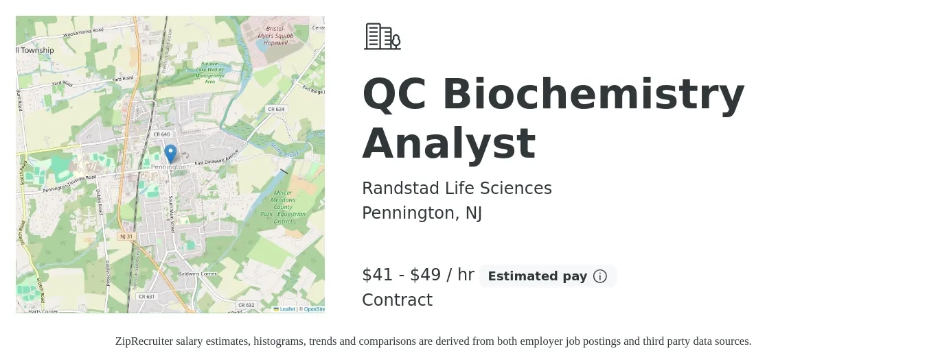 Randstad Life Sciences job posting for a QC Biochemistry Analyst in Pennington, NJ with a salary of $43 to $51 Hourly with a map of Pennington location.