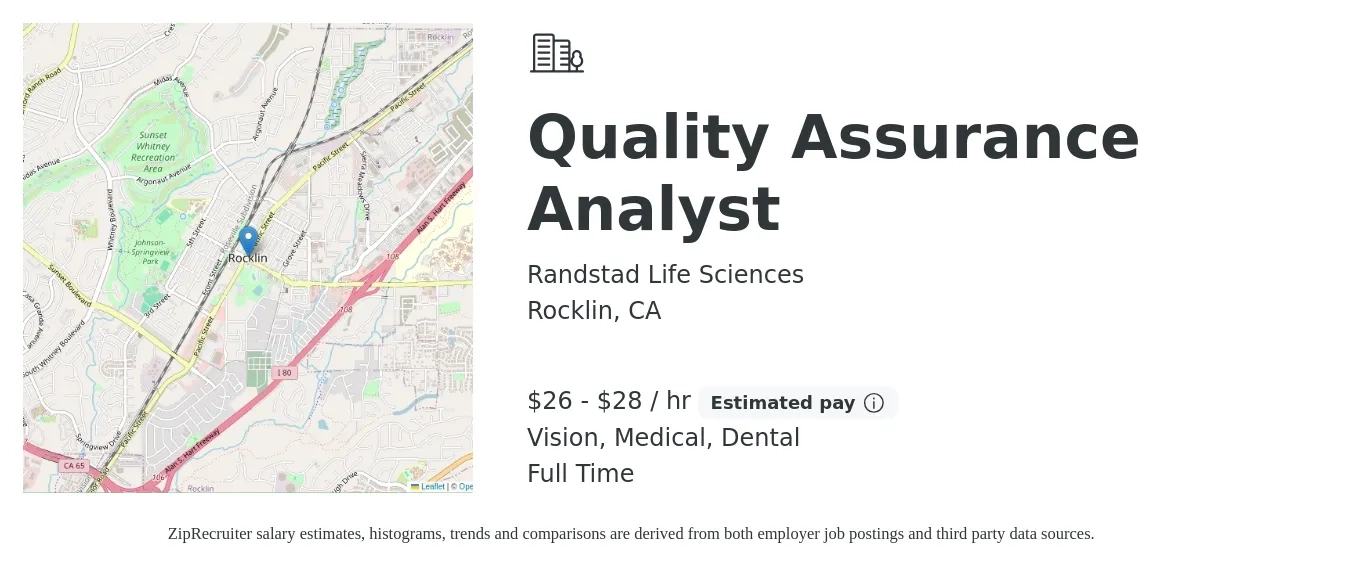 Randstad Life Sciences job posting for a Quality Assurance Analyst in Rocklin, CA with a salary of $28 to $30 Hourly and benefits including dental, medical, and vision with a map of Rocklin location.