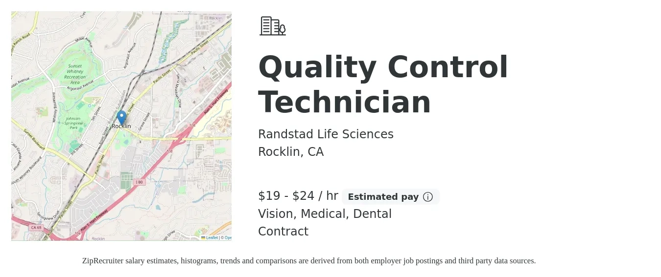 Randstad Life Sciences job posting for a Quality Control Technician in Rocklin, CA with a salary of $20 to $25 Hourly and benefits including life_insurance, medical, vision, and dental with a map of Rocklin location.