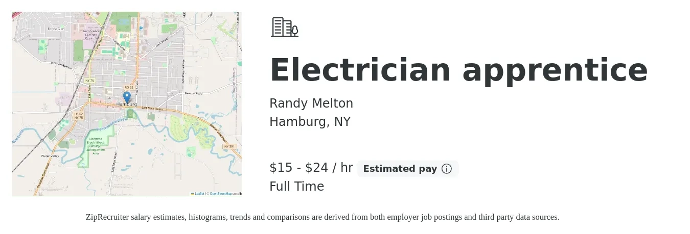 Randy Melton job posting for a Electrician apprentice in Hamburg, NY with a salary of $16 to $25 Hourly with a map of Hamburg location.