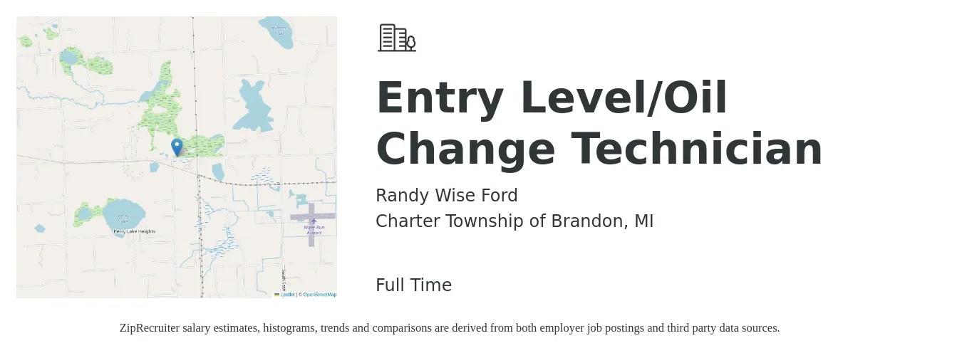 Randy Wise Ford job posting for a Entry Level/Oil Change Technician in Charter Township of Brandon, MI with a salary of $14 to $17 Hourly with a map of Charter Township of Brandon location.