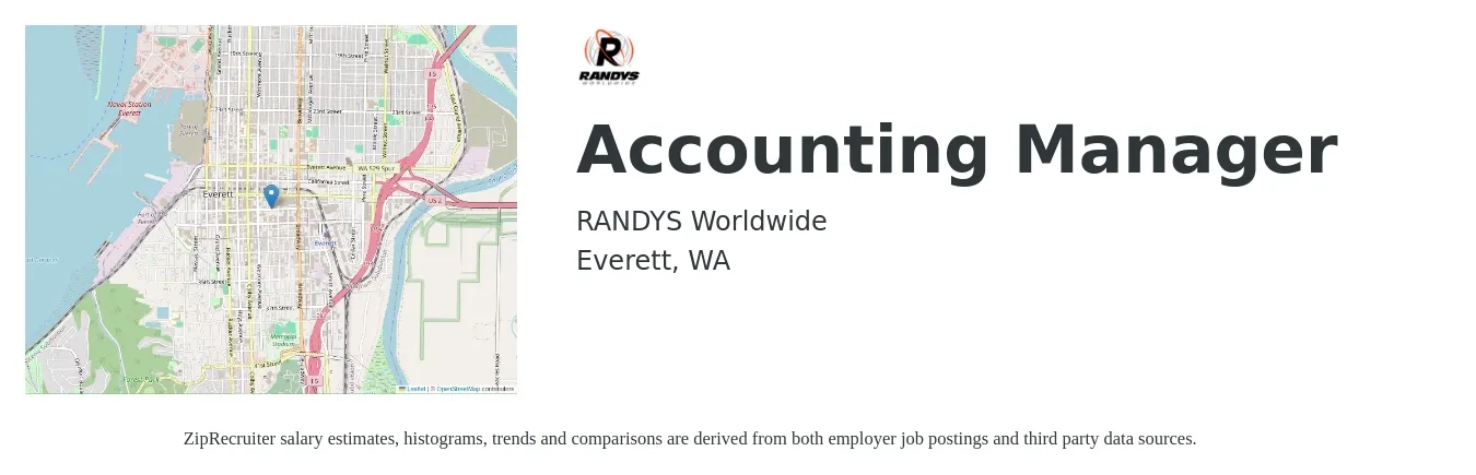 RANDYS Worldwide job posting for a Accounting Manager in Everett, WA with a salary of $86,200 to $123,700 Yearly with a map of Everett location.