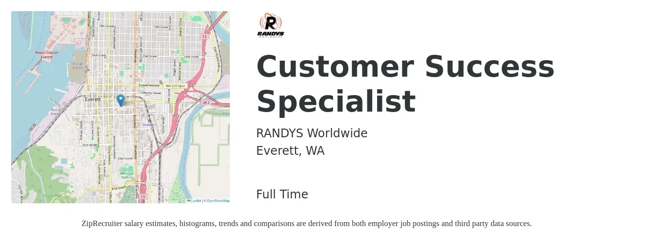 RANDYS Worldwide job posting for a Customer Success Specialist in Everett, WA with a salary of $31 to $34 Hourly with a map of Everett location.