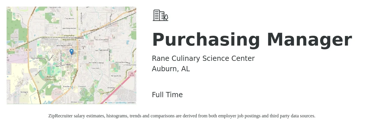 Rane Culinary Science Center job posting for a Purchasing Manager in Auburn, AL with a salary of $53,900 to $82,900 Yearly with a map of Auburn location.