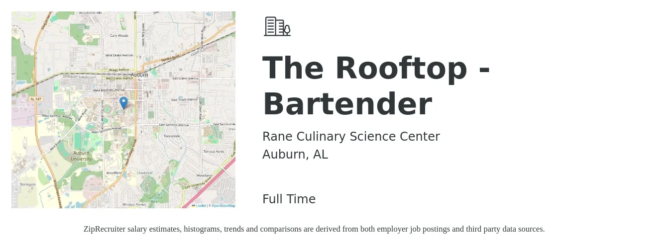 Rane Culinary Science Center job posting for a The Rooftop - Bartender in Auburn, AL with a salary of $9 Hourly with a map of Auburn location.