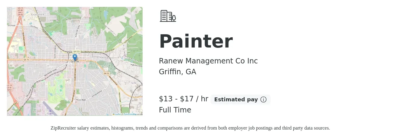 Ranew Management Co Inc job posting for a Painter in Griffin, GA with a salary of $14 to $18 Hourly with a map of Griffin location.
