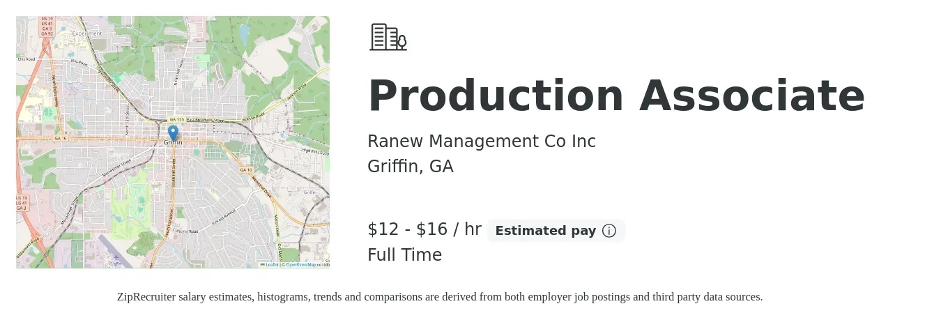Ranew Management Co Inc job posting for a Production Associate in Griffin, GA with a salary of $13 to $17 Hourly with a map of Griffin location.