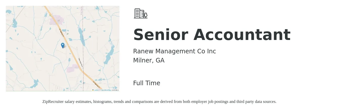 Ranew Management Co Inc job posting for a Senior Accountant in Milner, GA with a salary of $65,500 to $82,300 Yearly with a map of Milner location.