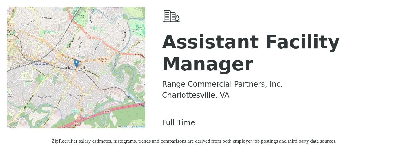 Range Commercial Partners, Inc. job posting for a Assistant Facility Manager in Charlottesville, VA with a salary of $39,700 to $63,500 Yearly with a map of Charlottesville location.