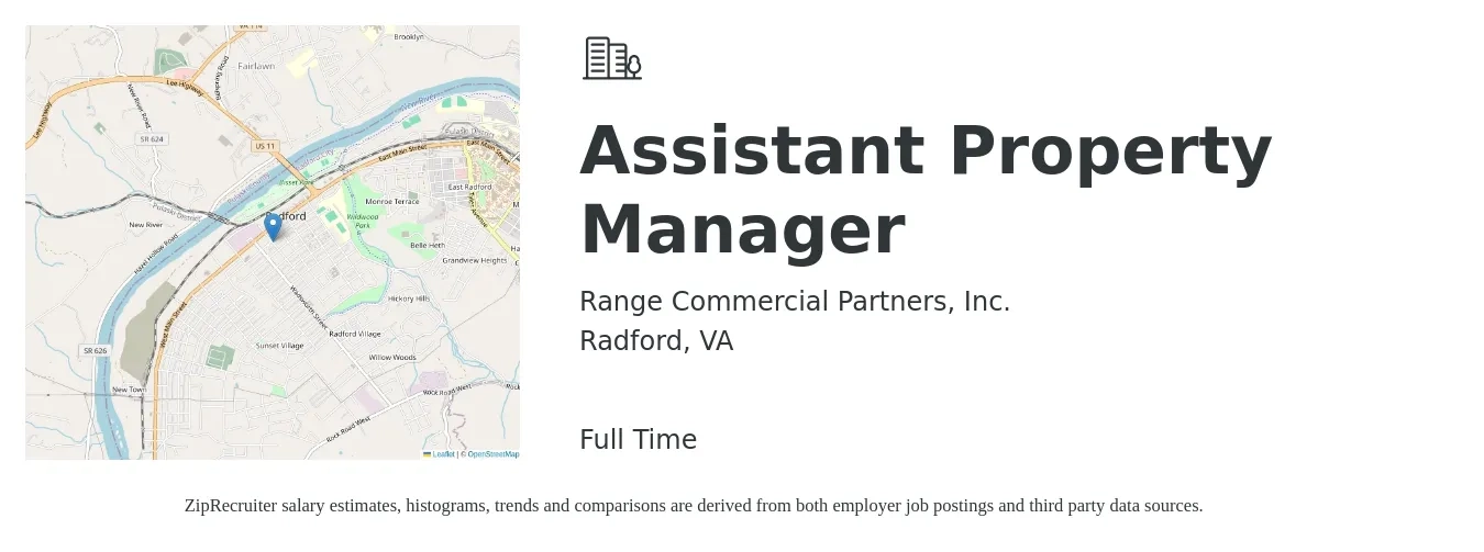 Range Commercial Partners, Inc. job posting for a Assistant Property Manager in Radford, VA with a salary of $18 to $24 Hourly with a map of Radford location.