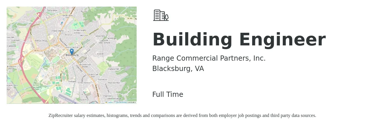 Range Commercial Partners, Inc. job posting for a Building Engineer in Blacksburg, VA with a salary of $23 to $33 Hourly with a map of Blacksburg location.