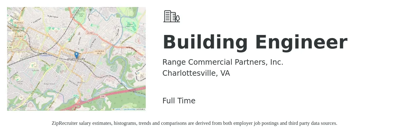 Range Commercial Partners, Inc. job posting for a Building Engineer in Charlottesville, VA with a salary of $26 to $38 Hourly with a map of Charlottesville location.