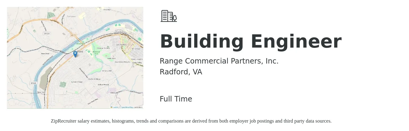 Range Commercial Partners, Inc. job posting for a Building Engineer in Radford, VA with a salary of $25 to $36 Hourly with a map of Radford location.