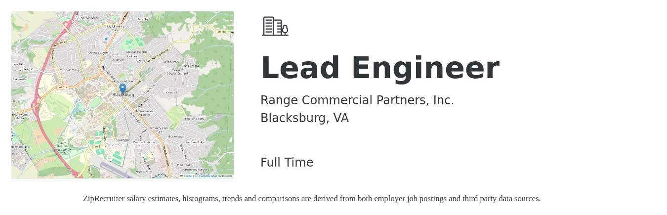 Range Commercial Partners, Inc. job posting for a Lead Engineer in Blacksburg, VA with a salary of $89,900 to $118,400 Yearly with a map of Blacksburg location.