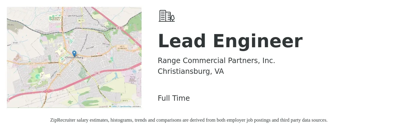 Range Commercial Partners, Inc. job posting for a Lead Engineer in Christiansburg, VA with a salary of $94,800 to $124,800 Yearly with a map of Christiansburg location.