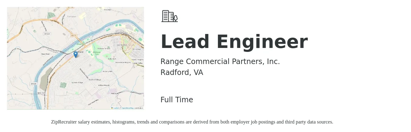 Range Commercial Partners, Inc. job posting for a Lead Engineer in Radford, VA with a salary of $97,400 to $128,200 Yearly with a map of Radford location.