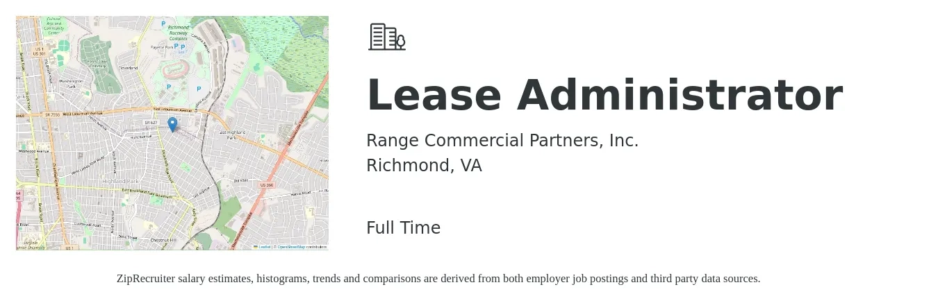 Range Commercial Partners, Inc. job posting for a Lease Administrator in Richmond, VA with a salary of $20 to $32 Hourly with a map of Richmond location.