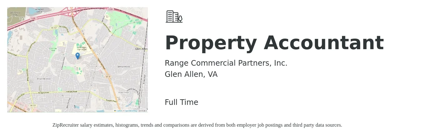 Range Commercial Partners, Inc. job posting for a Property Accountant in Glen Allen, VA with a salary of $57,200 to $74,900 Yearly with a map of Glen Allen location.