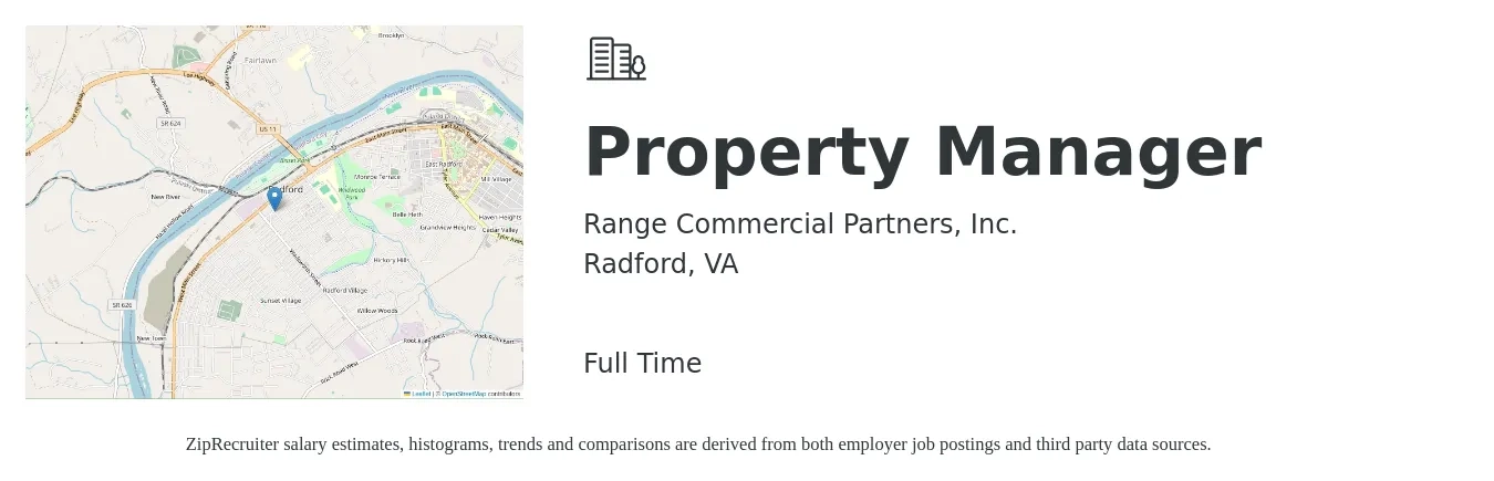 Range Commercial Partners, Inc. job posting for a Property Manager in Radford, VA with a salary of $41,800 to $64,600 Yearly with a map of Radford location.