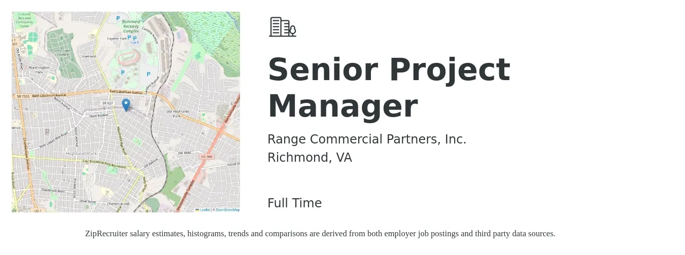 Range Commercial Partners, Inc. job posting for a Senior Project Manager in Richmond, VA with a salary of $102,400 to $144,500 Yearly with a map of Richmond location.