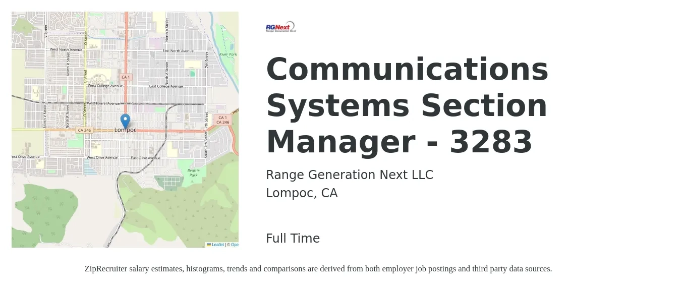 Range Generation Next LLC job posting for a Communications Systems Section Manager - 3283 in Lompoc, CA with a salary of $77,500 to $125,800 Yearly with a map of Lompoc location.