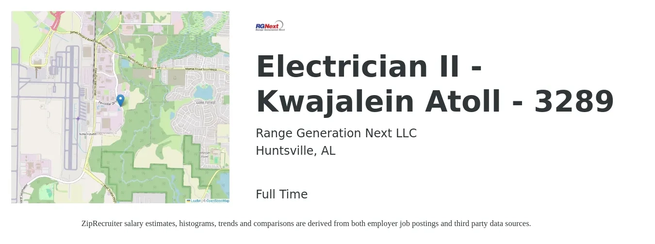 Range Generation Next LLC job posting for a Electrician II - Kwajalein Atoll - 3289 in Huntsville, AL with a salary of $23 to $32 Hourly with a map of Huntsville location.