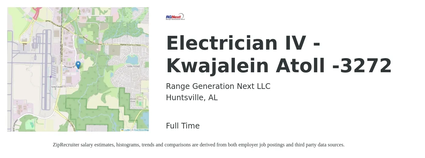 Range Generation Next LLC job posting for a Electrician IV - Kwajalein Atoll -3272 in Huntsville, AL with a salary of $23 to $32 Hourly with a map of Huntsville location.