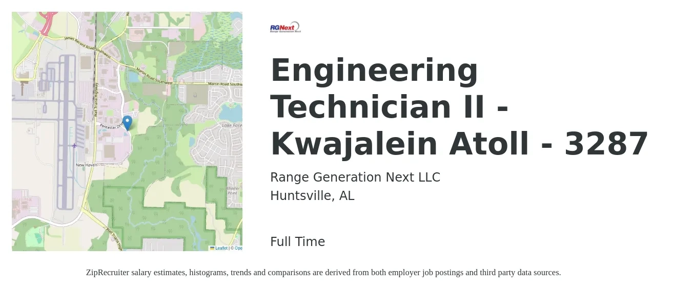 Range Generation Next LLC job posting for a Engineering Technician II - Kwajalein Atoll - 3287 in Huntsville, AL with a salary of $43,800 to $67,100 Yearly with a map of Huntsville location.