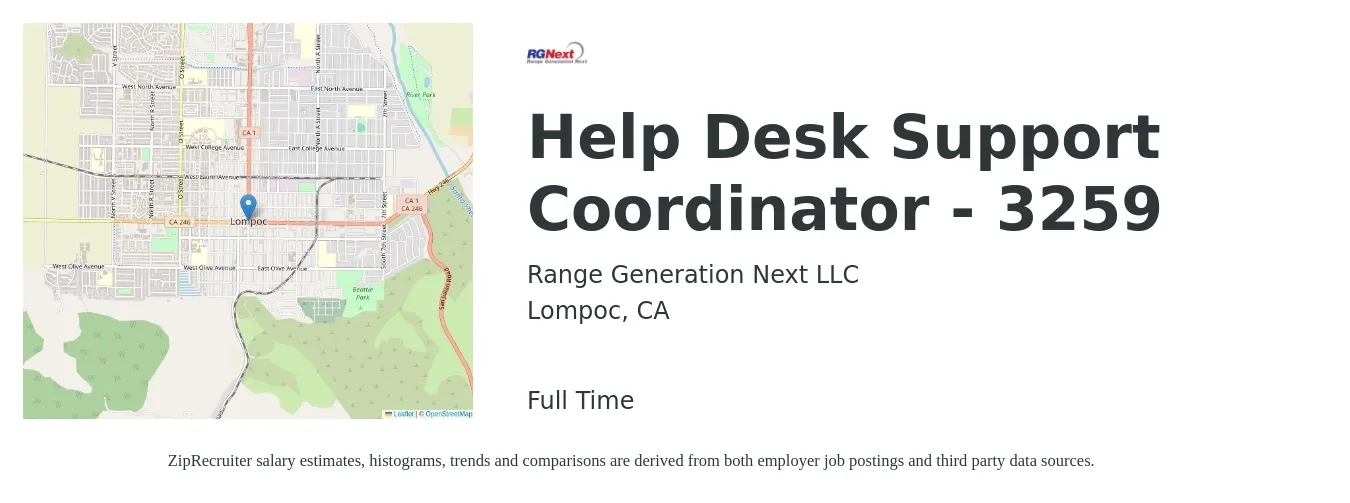 Range Generation Next LLC job posting for a Help Desk Support Coordinator - 3259 in Lompoc, CA with a salary of $17 to $25 Hourly with a map of Lompoc location.