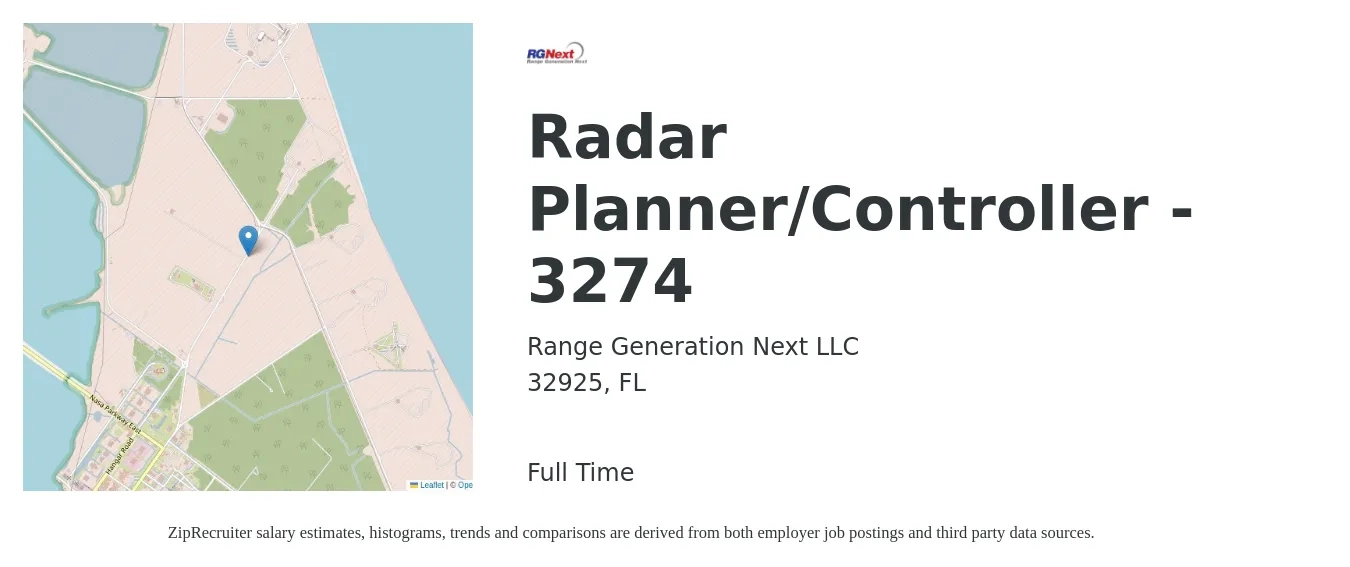 Range Generation Next LLC job posting for a Radar Planner/Controller - 3274 in 32925, FL with a salary of $75,000 to $122,700 Yearly with a map of 32925 location.