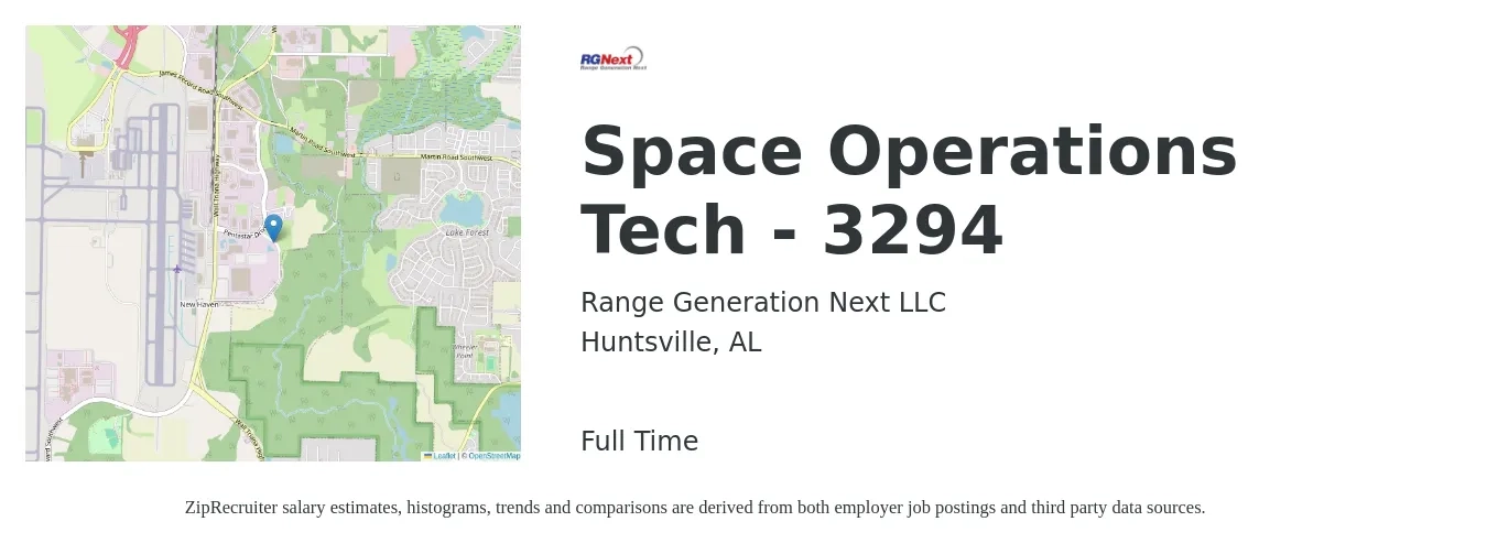 Range Generation Next LLC job posting for a Space Operations Tech - 3294 in Huntsville, AL with a salary of $19 to $26 Hourly with a map of Huntsville location.