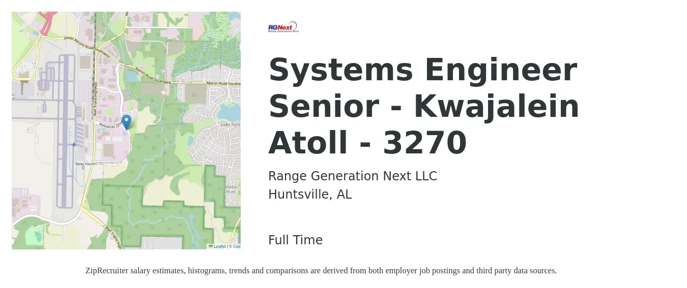 Range Generation Next LLC job posting for a Systems Engineer Senior - Kwajalein Atoll - 3270 in Huntsville, AL with a salary of $97,400 to $133,200 Yearly with a map of Huntsville location.