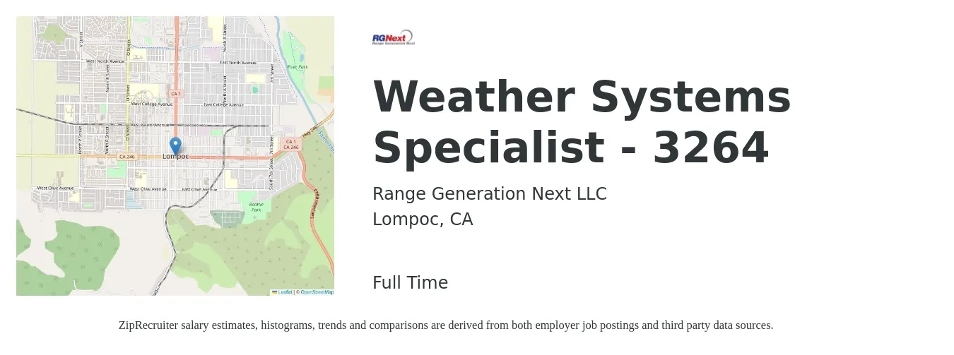 Range Generation Next LLC job posting for a Weather Systems Specialist - 3264 in Lompoc, CA with a salary of $43,800 to $85,500 Yearly with a map of Lompoc location.